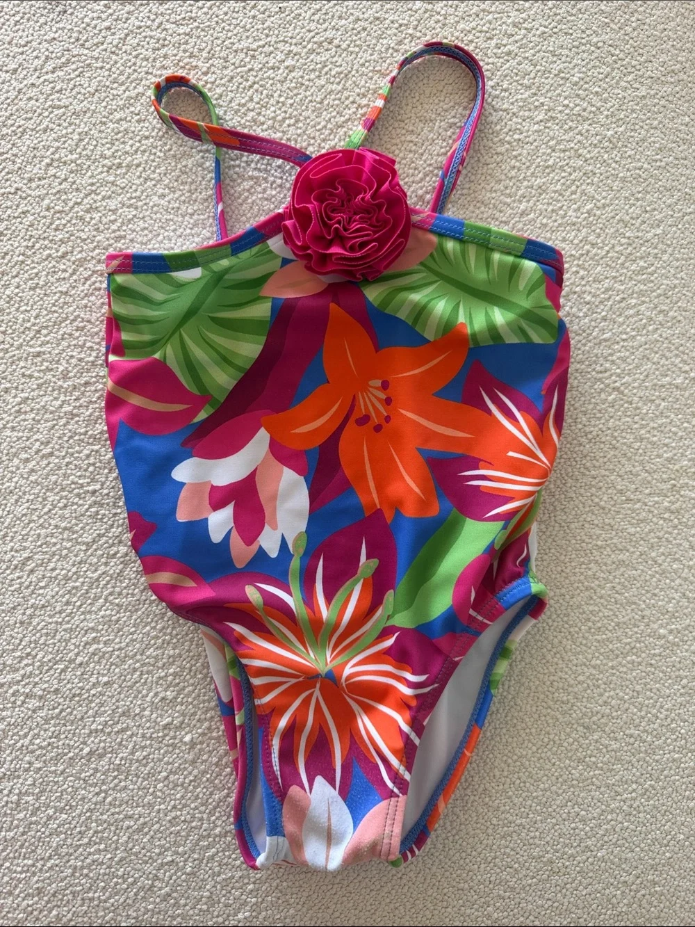 Janie and Jack Bright Floral One-Piece Swimsuit with Pink Rosette